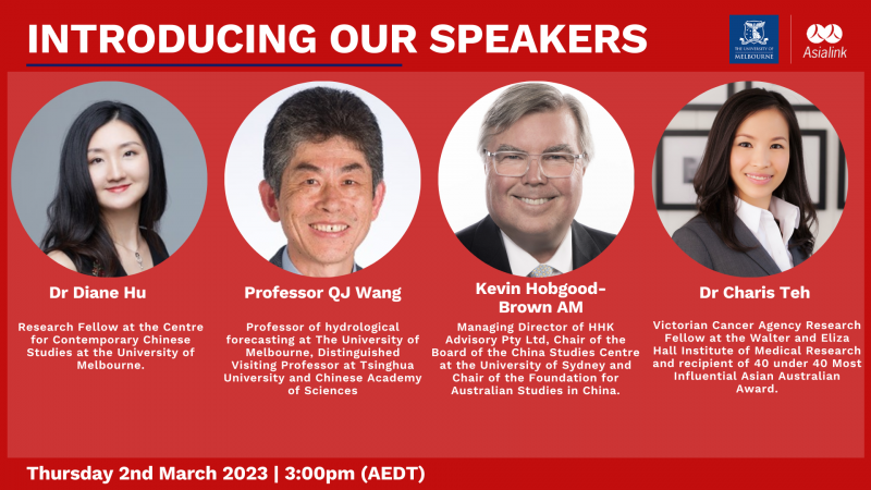 China Webinar Speakers: Dr Diane Hu, Professor QJ Wang, Kevin Hobgood-Brown AM, Dr Charis Teh