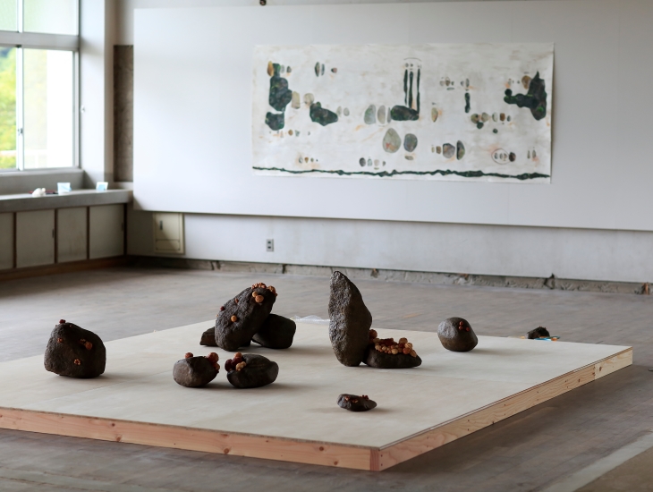 Naomi Eller 2016, 'Language of stone' (foreground), 'Language of stone: Fukuda' (background).