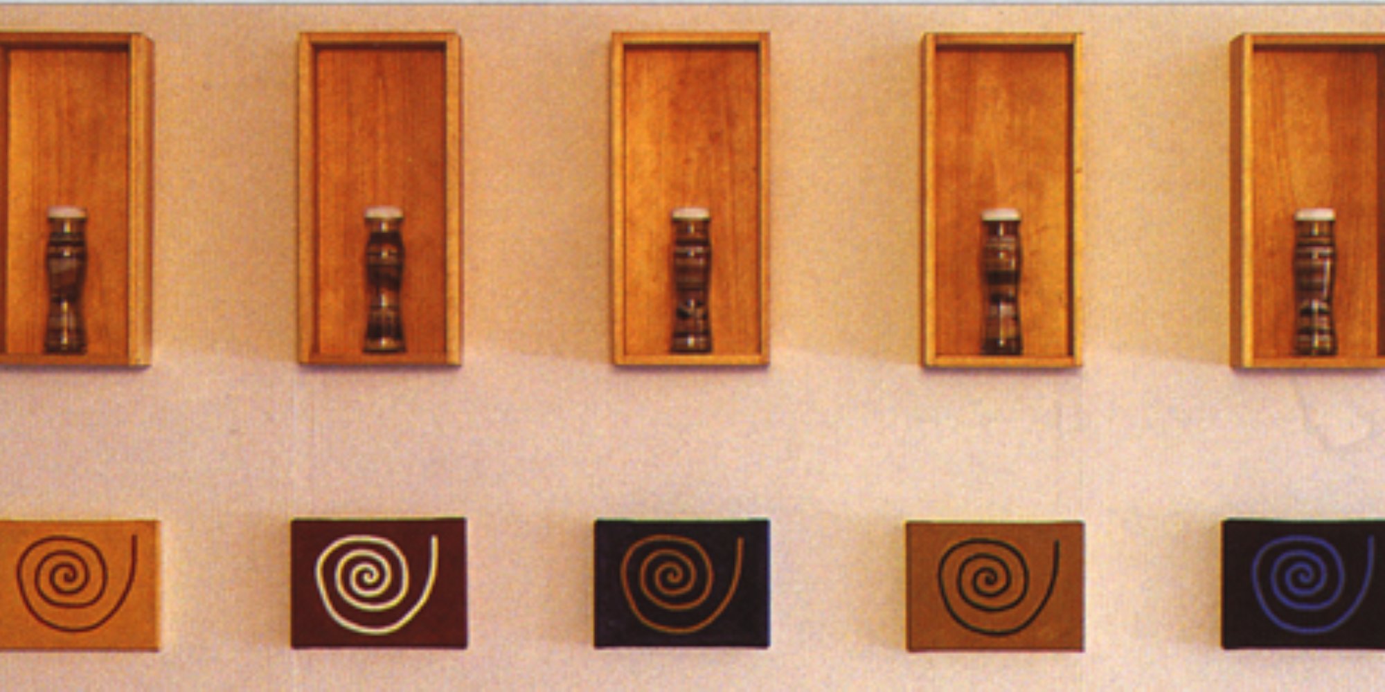 Fiona Foley, Spiral Presence, Coloured Sand, 1997, wooden boxes, glass bottles, sand, paint on canvas (detail)