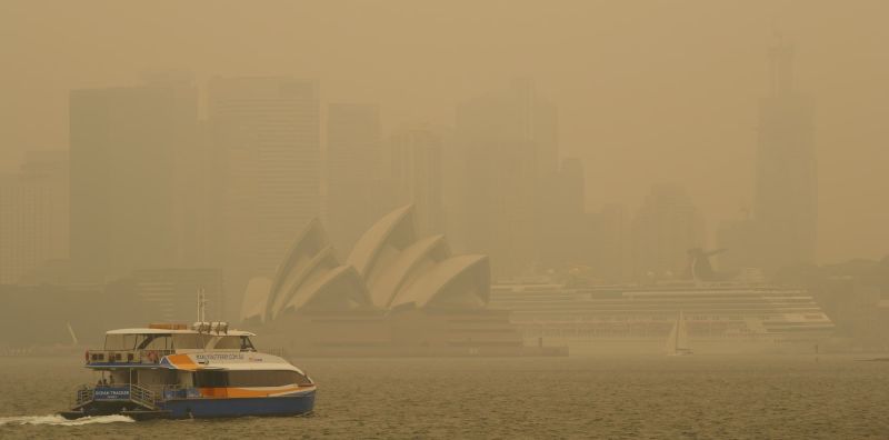 Bushfire smoke and ash over Sydney's Circular Quay